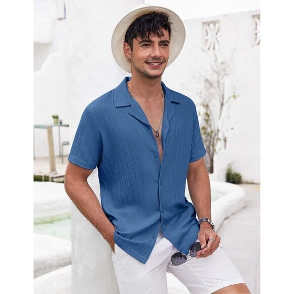 ❤️Men's Blue Shirts Short Sleeve Casual Button Down Shirt Summer Beach Shirt - Picture 3 of 6